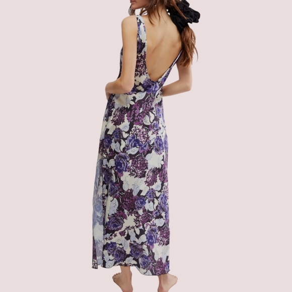 Free People Worth the Wait Silky Floral Maxi Slip Dress in Dark Night Combo XS - Picture 2 of 5